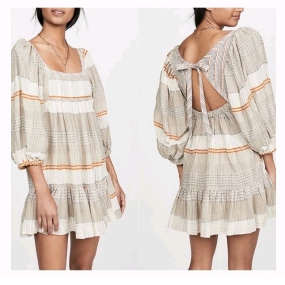 Free People Mini Dress Sz S Cozy Striped Peasant Strappy Open Back Ivory Combo